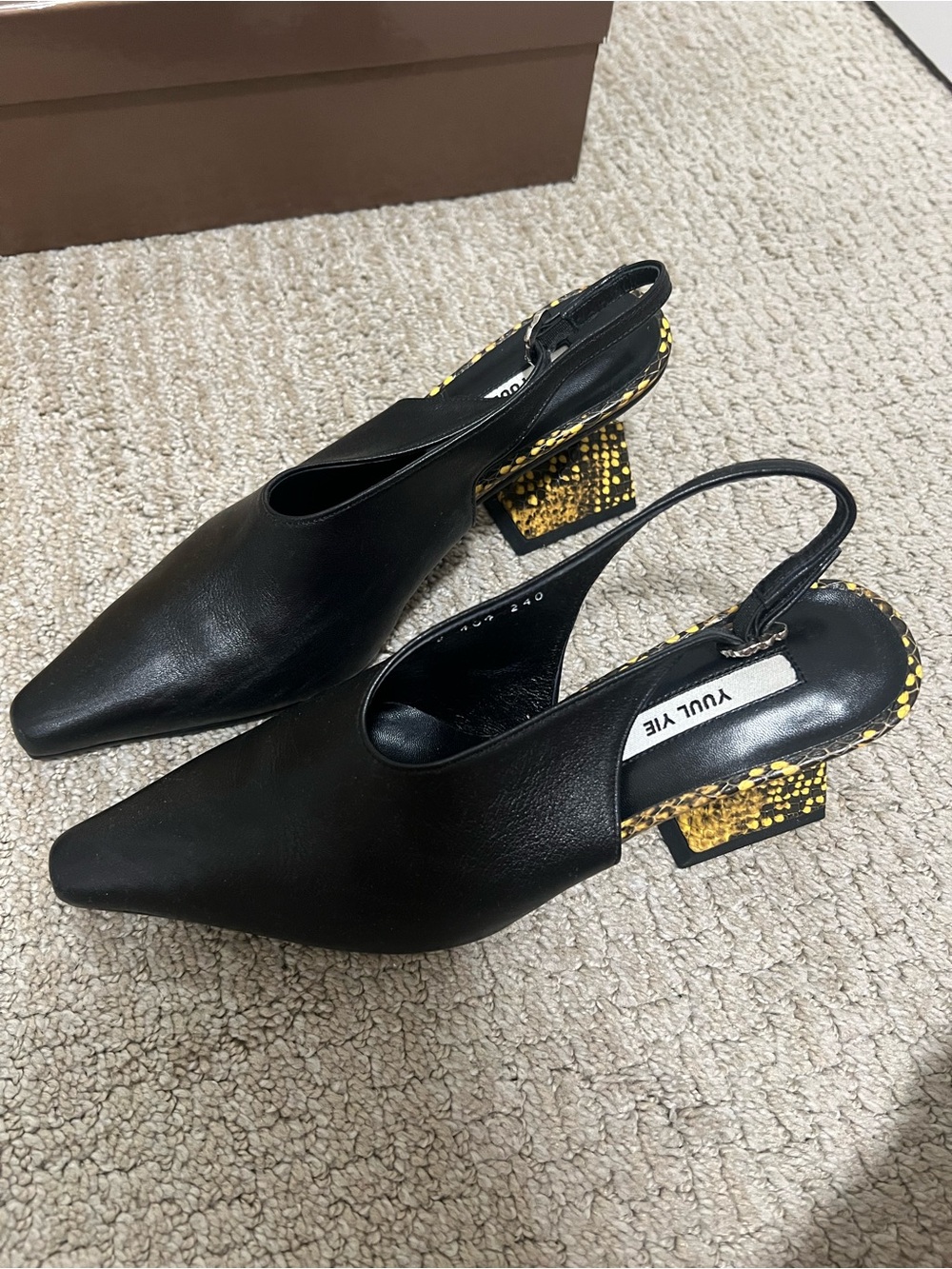 Yuul Yie Black Leather Slingback Pumps with Yellow Patterned Block Heel - Picture 2 of 7